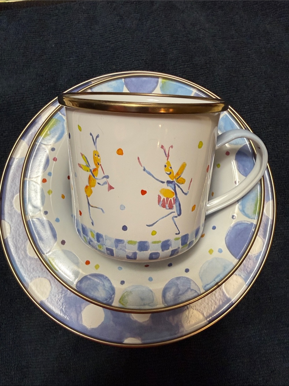 MacKenzie-Childs White and blue kids Dinner Plate  , bowl and cupwith Gold Rim - Picture 10 of 10